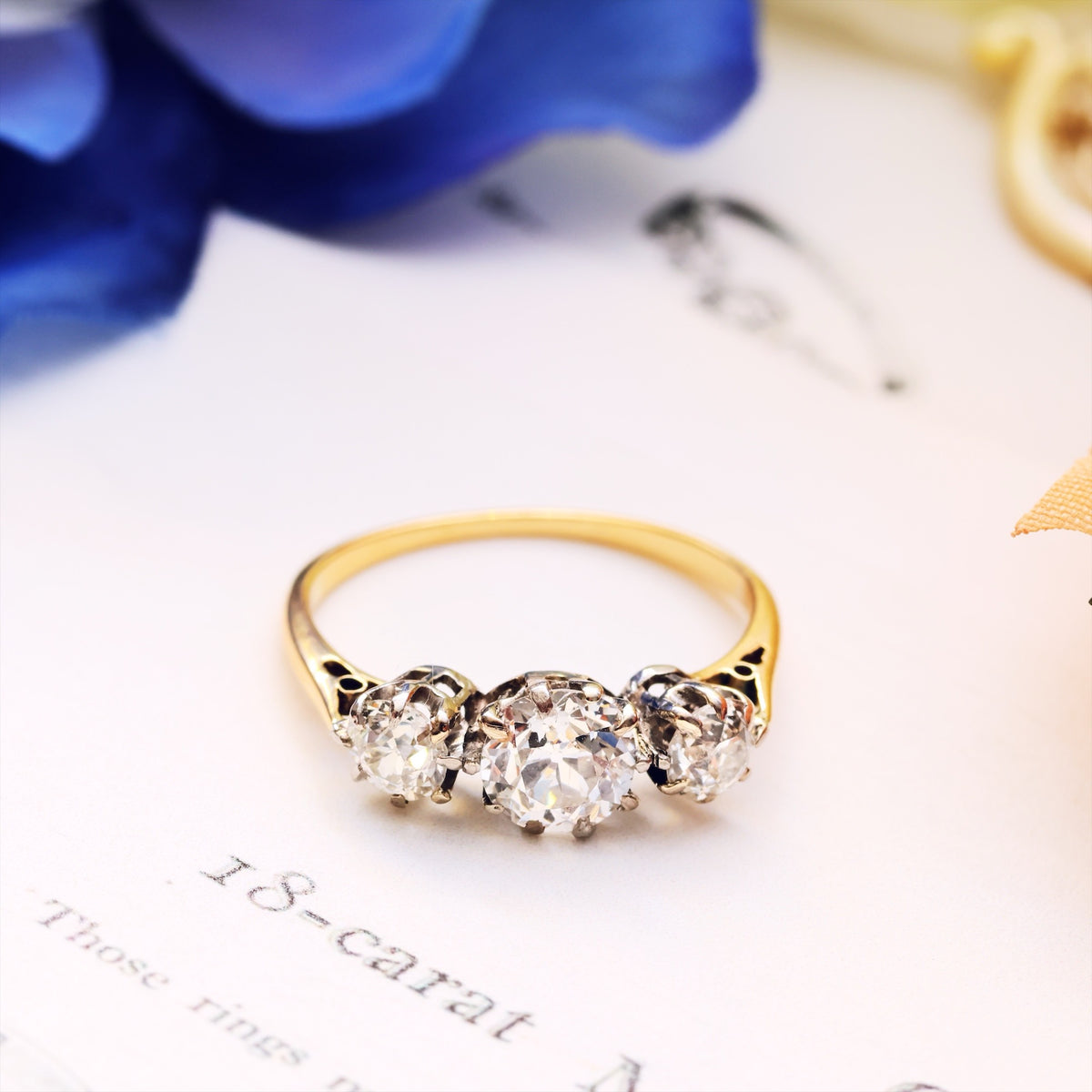 Vintage Hand Cut Diamond Trilogy Engagement Ring