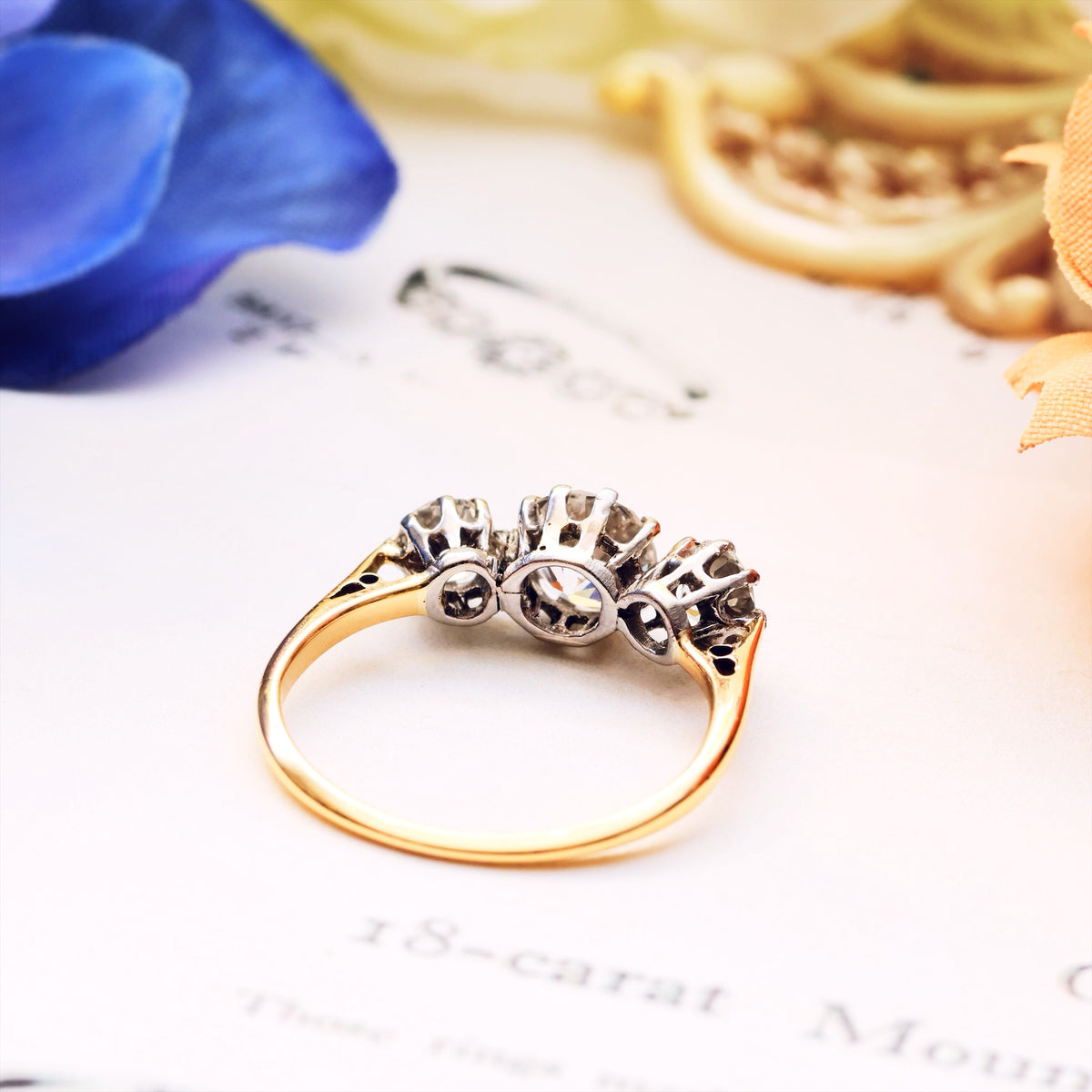 Vintage Hand Cut Diamond Trilogy Engagement Ring