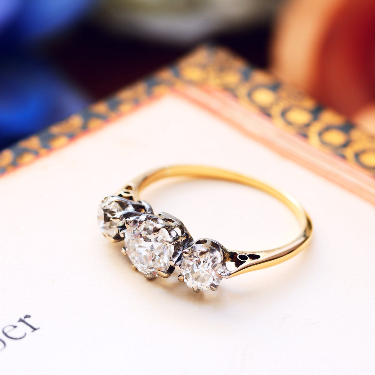 Vintage Hand Cut Diamond Trilogy Engagement Ring