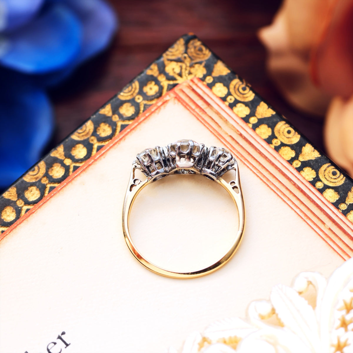 Vintage Hand Cut Diamond Trilogy Engagement Ring