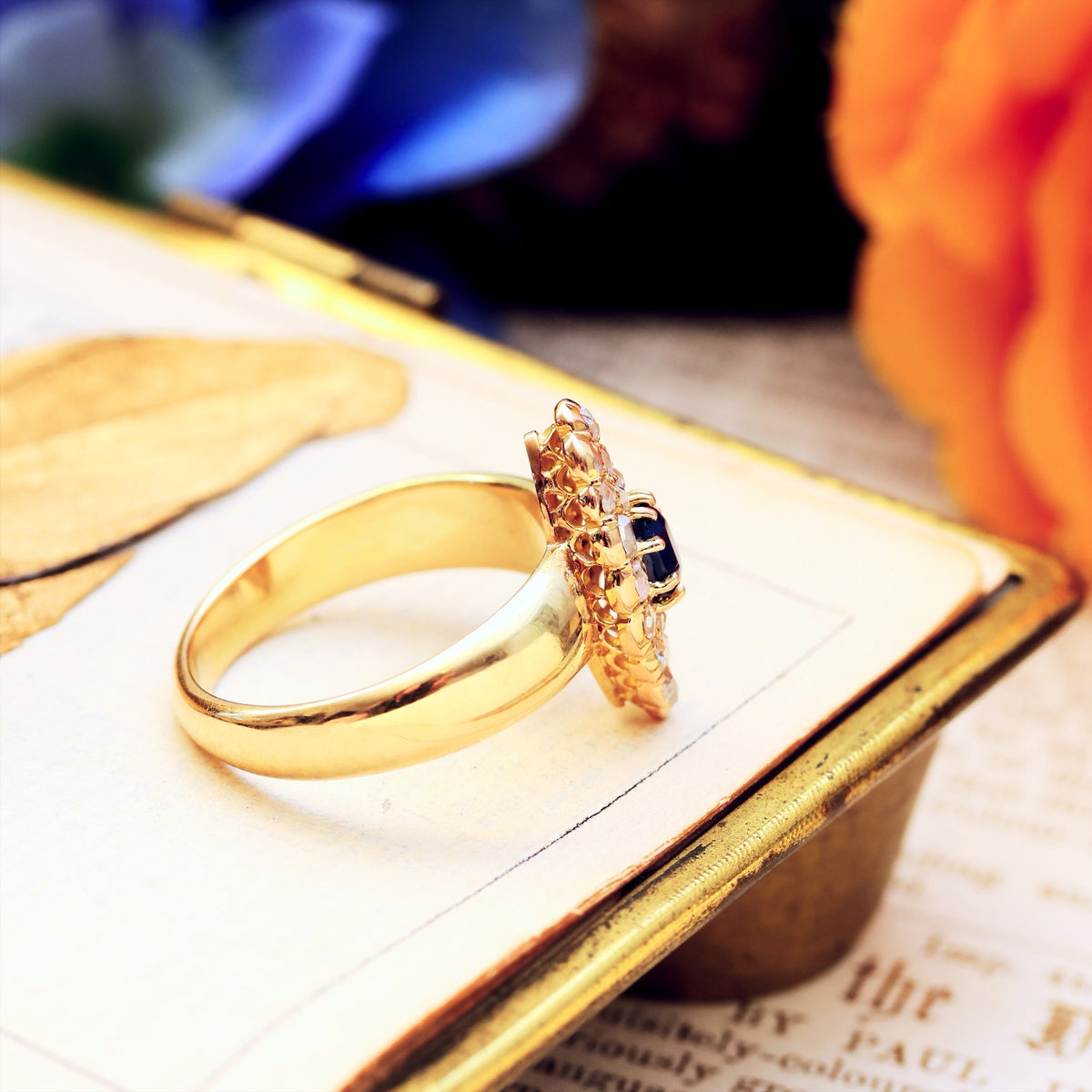 Delightful Deep Blue Sapphire & Diamond Cluster Ring