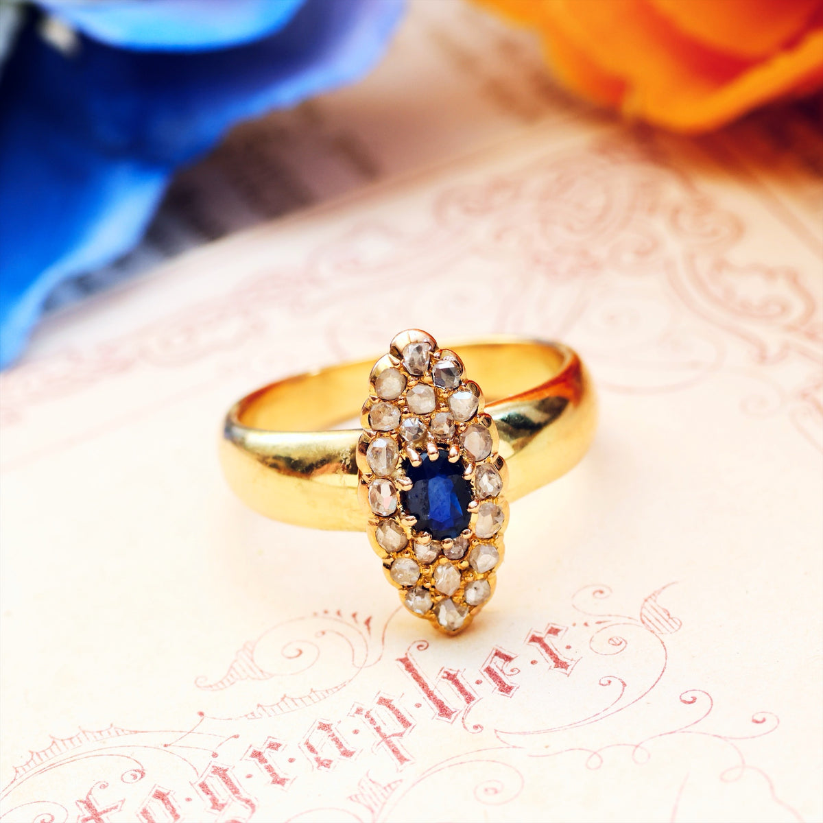 Delightful Deep Blue Sapphire & Diamond Cluster Ring