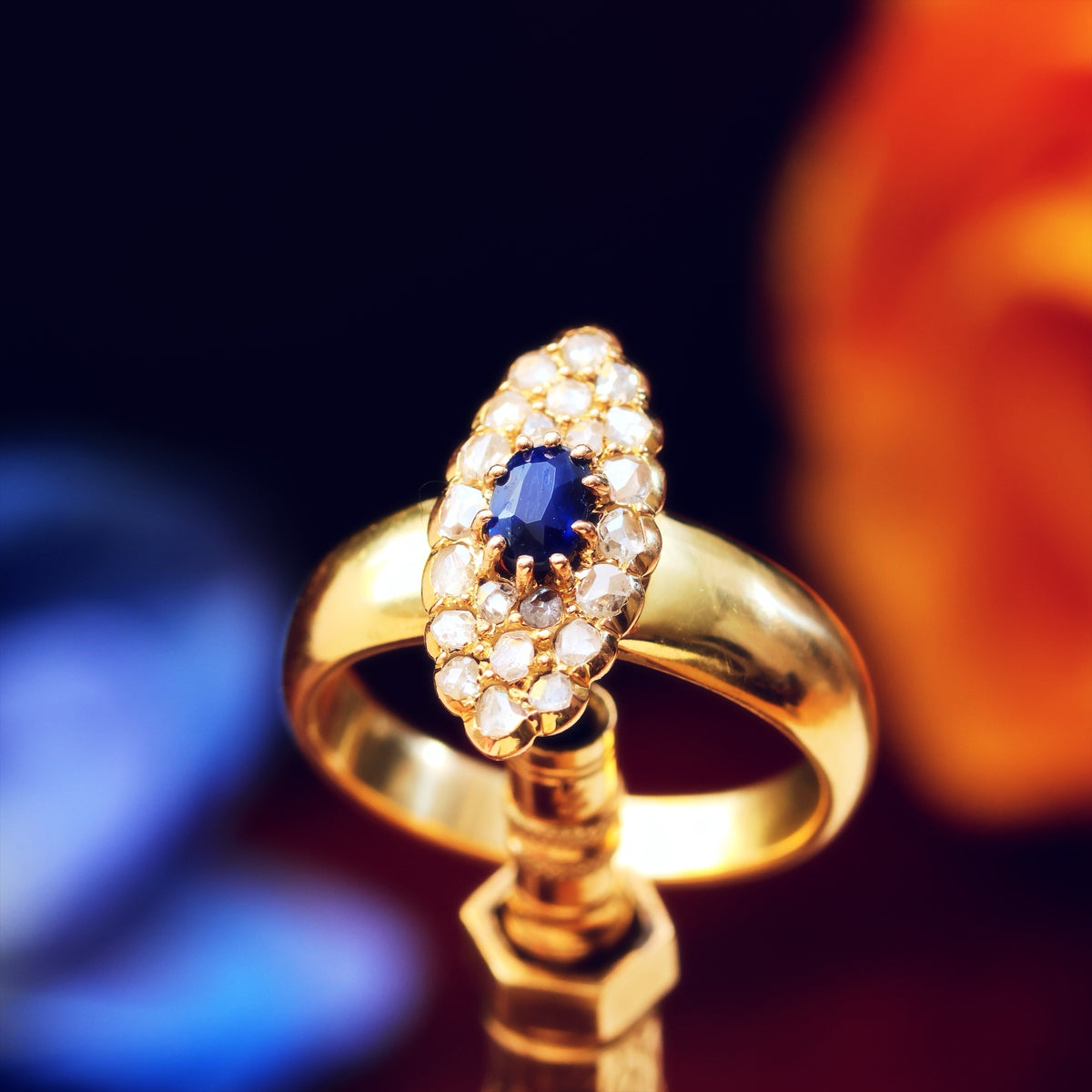 Delightful Deep Blue Sapphire & Diamond Cluster Ring