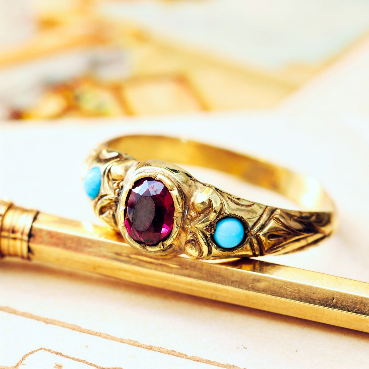 Antique Victorian Etruscan Style Garnet and Turquoise Ring