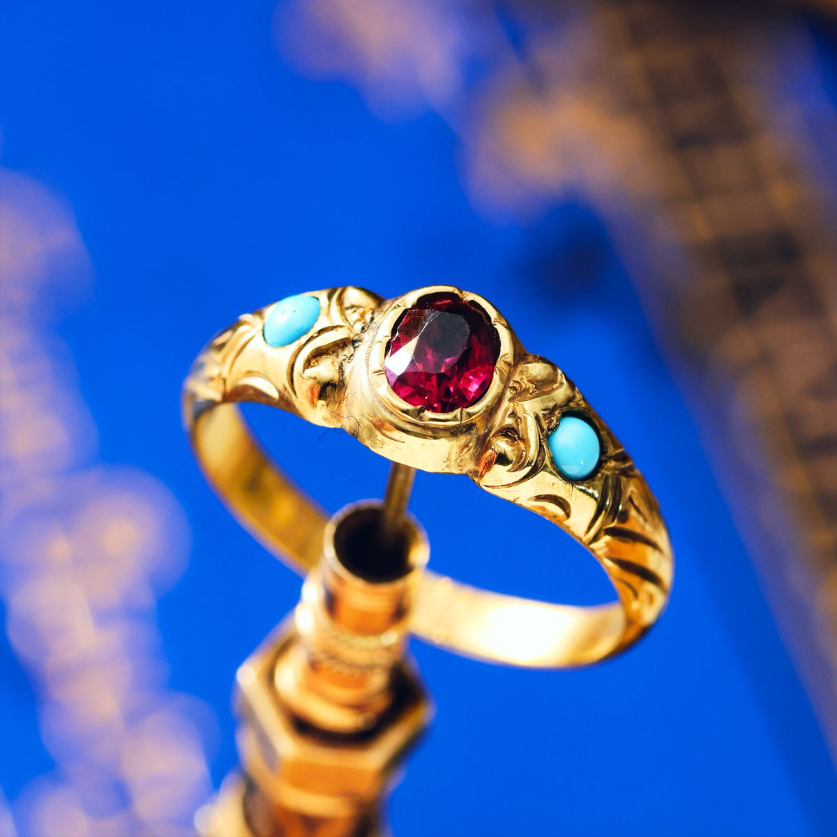 Antique Victorian Etruscan Style Garnet and Turquoise Ring