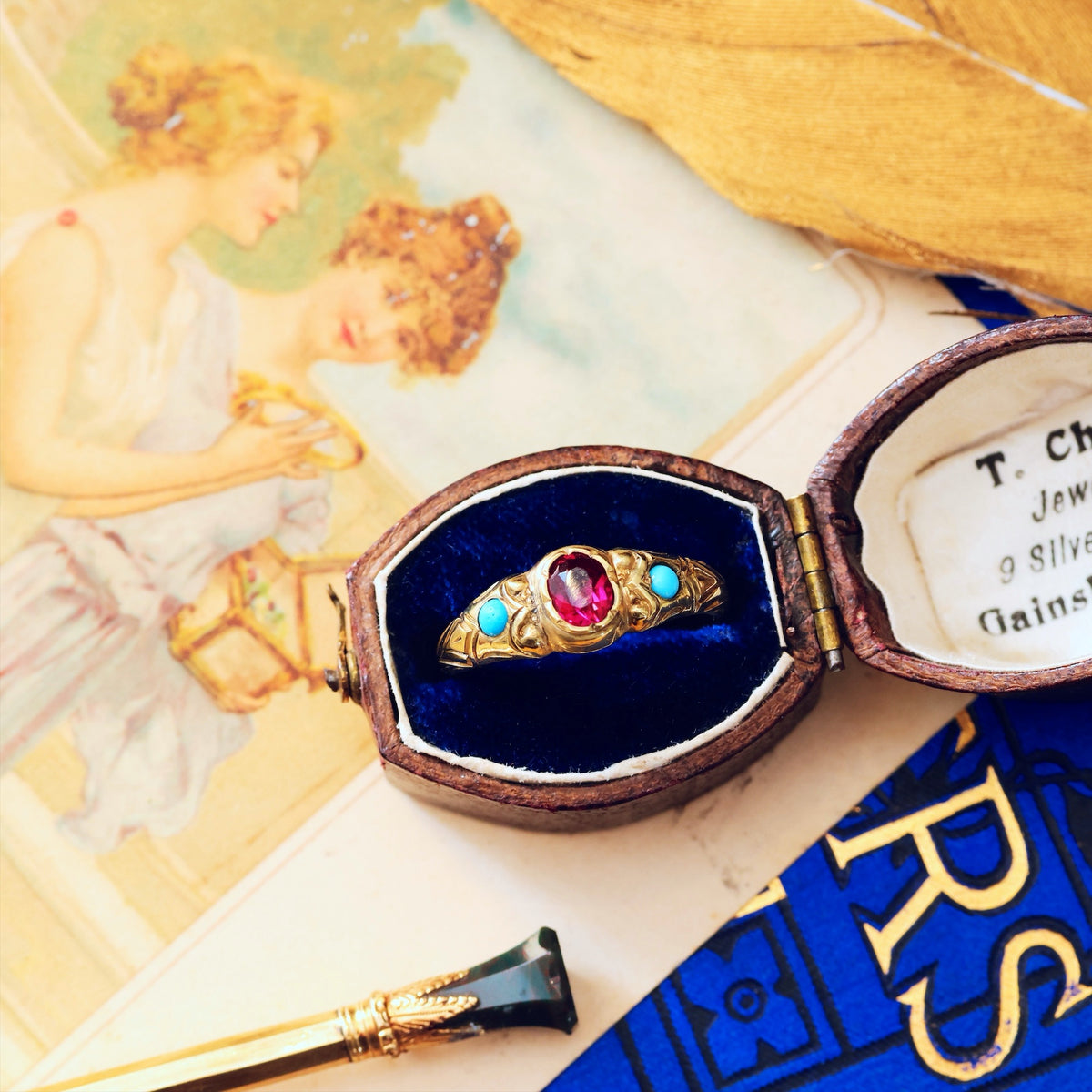 Antique Victorian Etruscan Style Garnet and Turquoise Ring