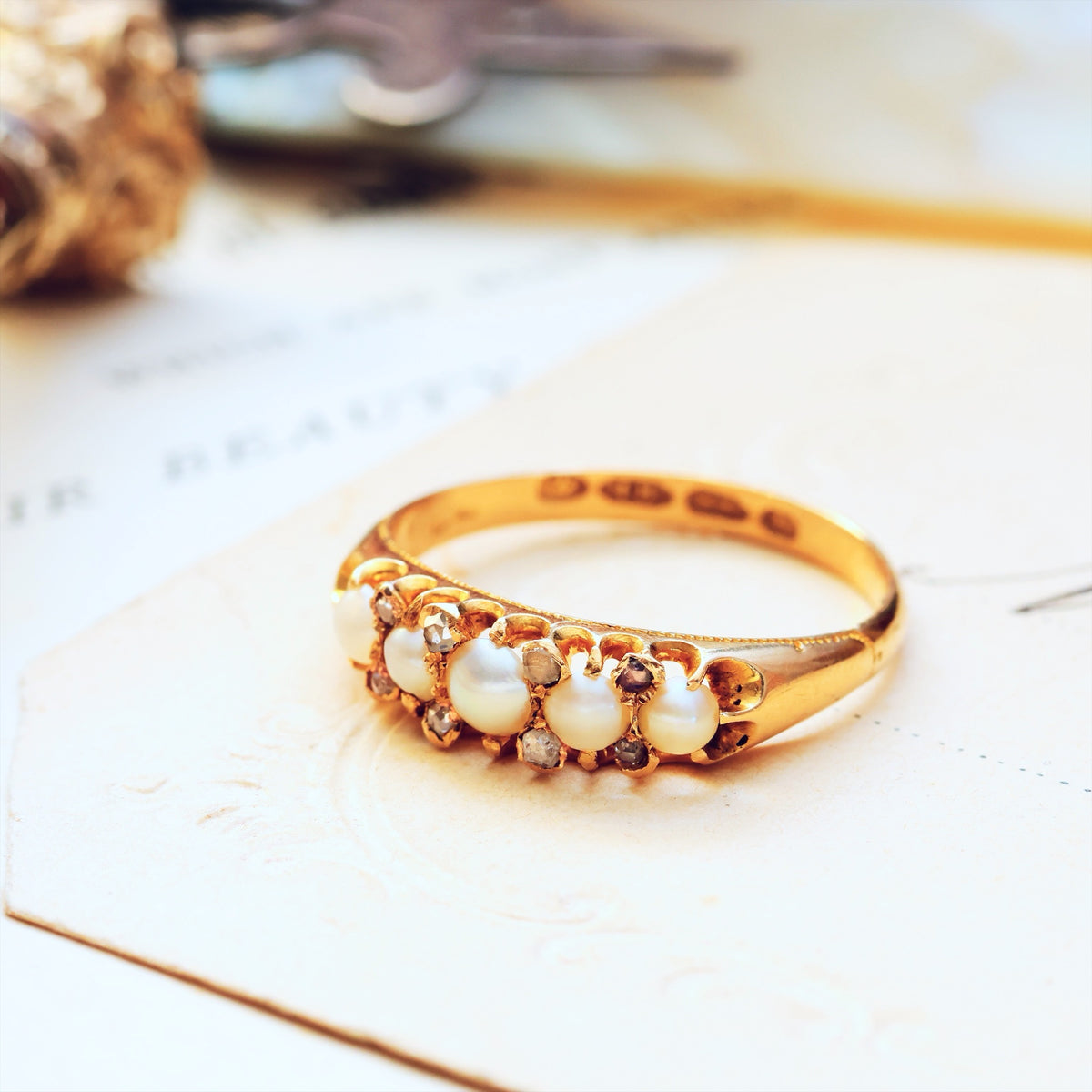 Date 1869 Gothic Revival Pearl & Rose Cut Diamond Ring