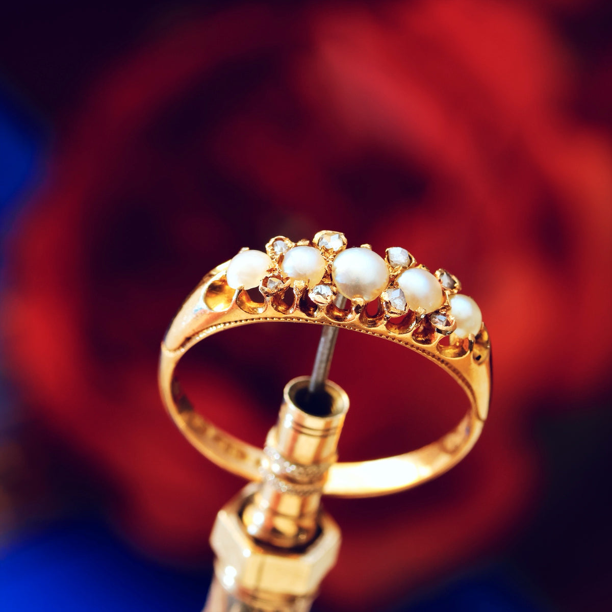 Date 1869 Gothic Revival Pearl & Rose Cut Diamond Ring