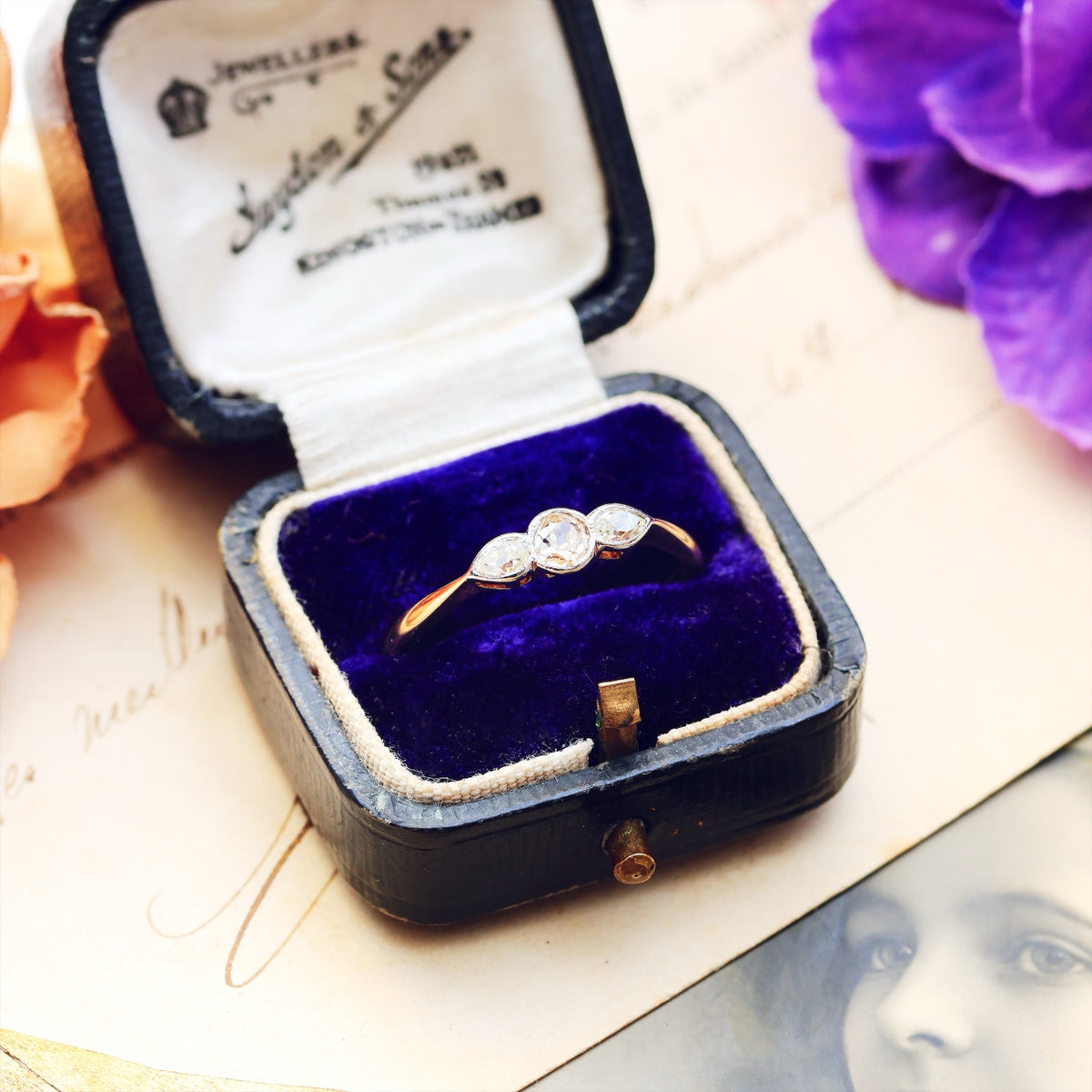 Adorable Vintage Pear Cut Diamond Trilogy Engagement Ring