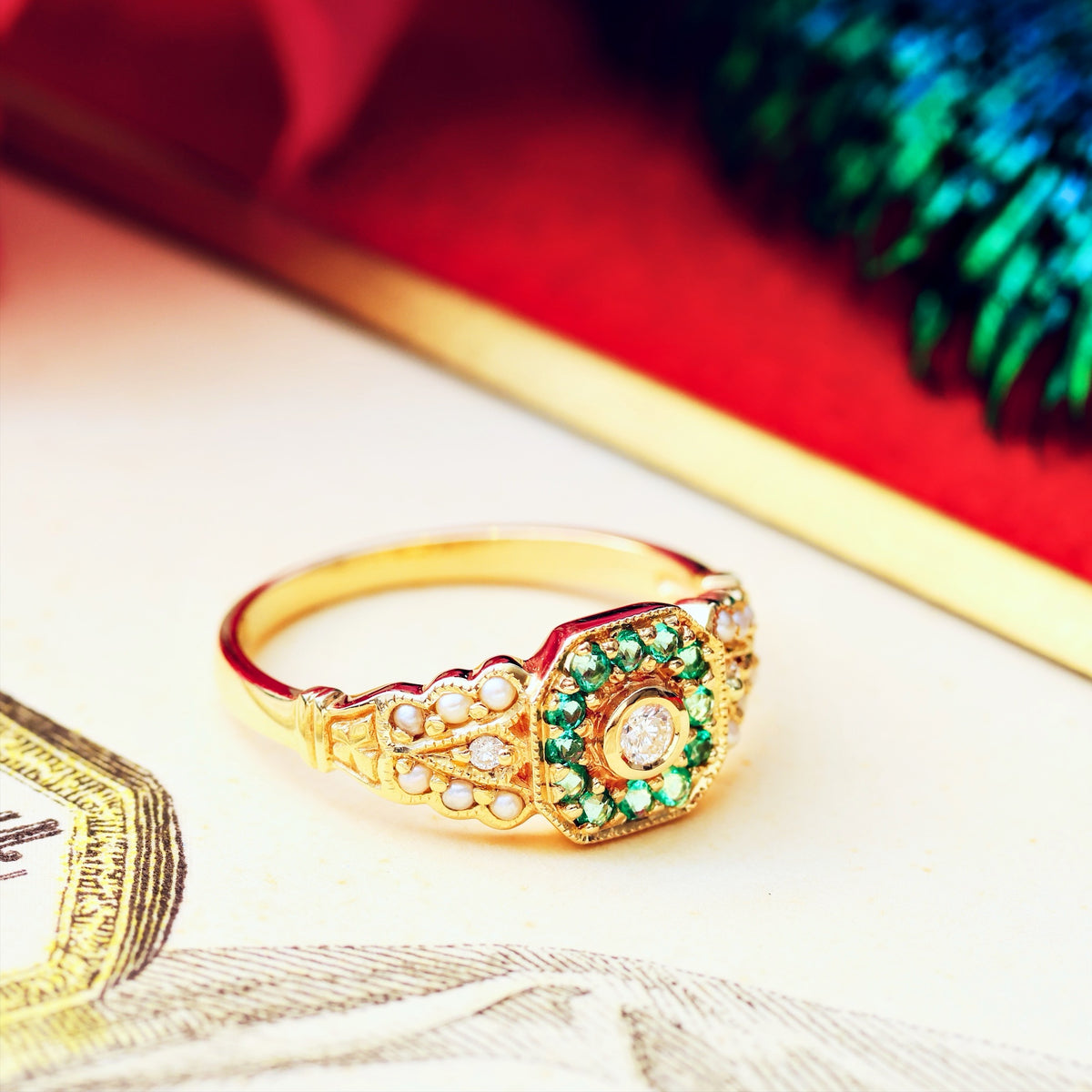 Charming Emerald, Diamond & Pearl Cluster Ring