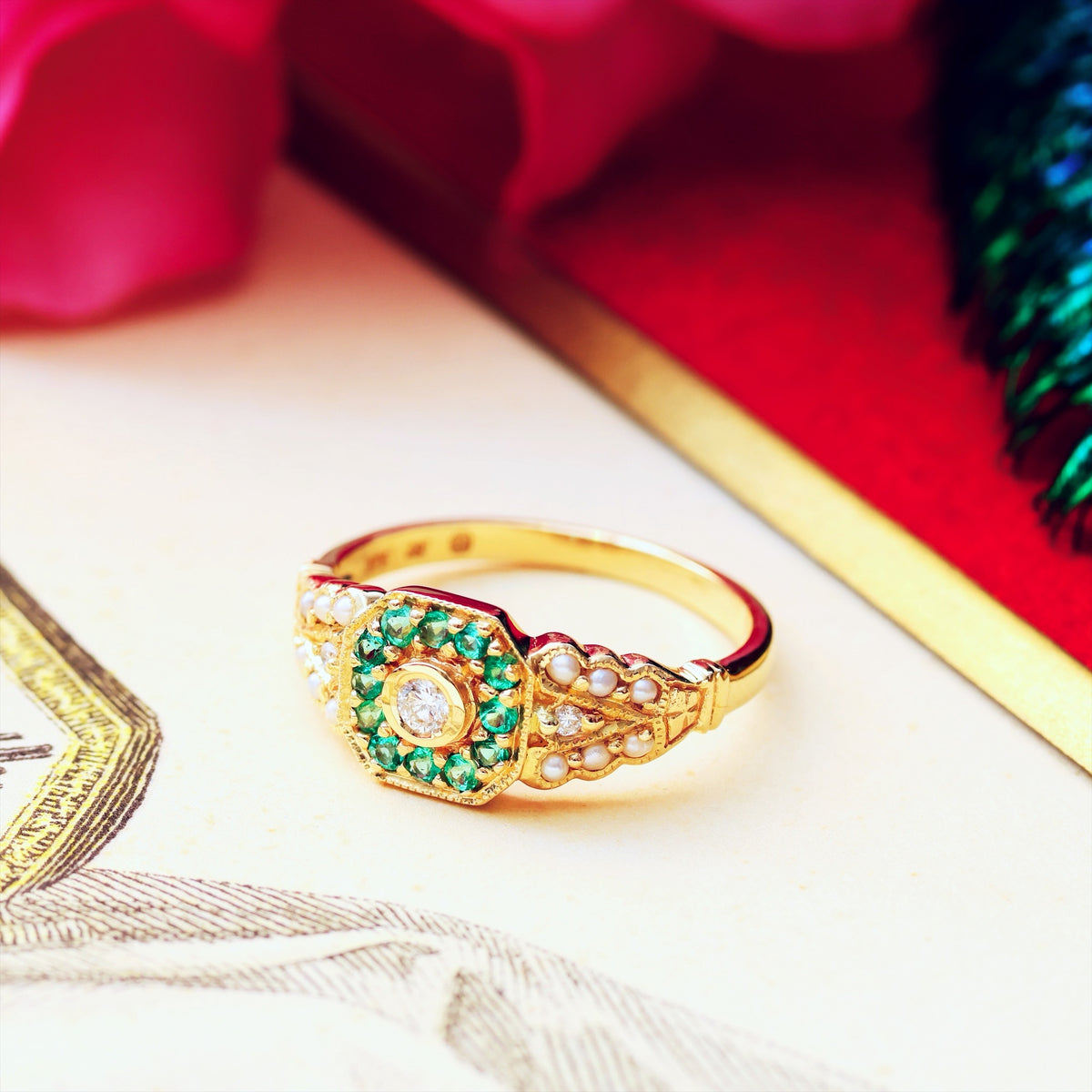 Charming Emerald, Diamond & Pearl Cluster Ring