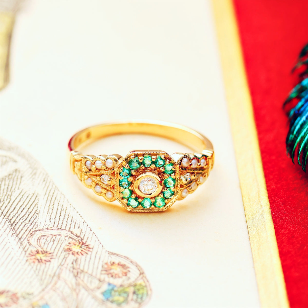 Charming Emerald, Diamond & Pearl Cluster Ring