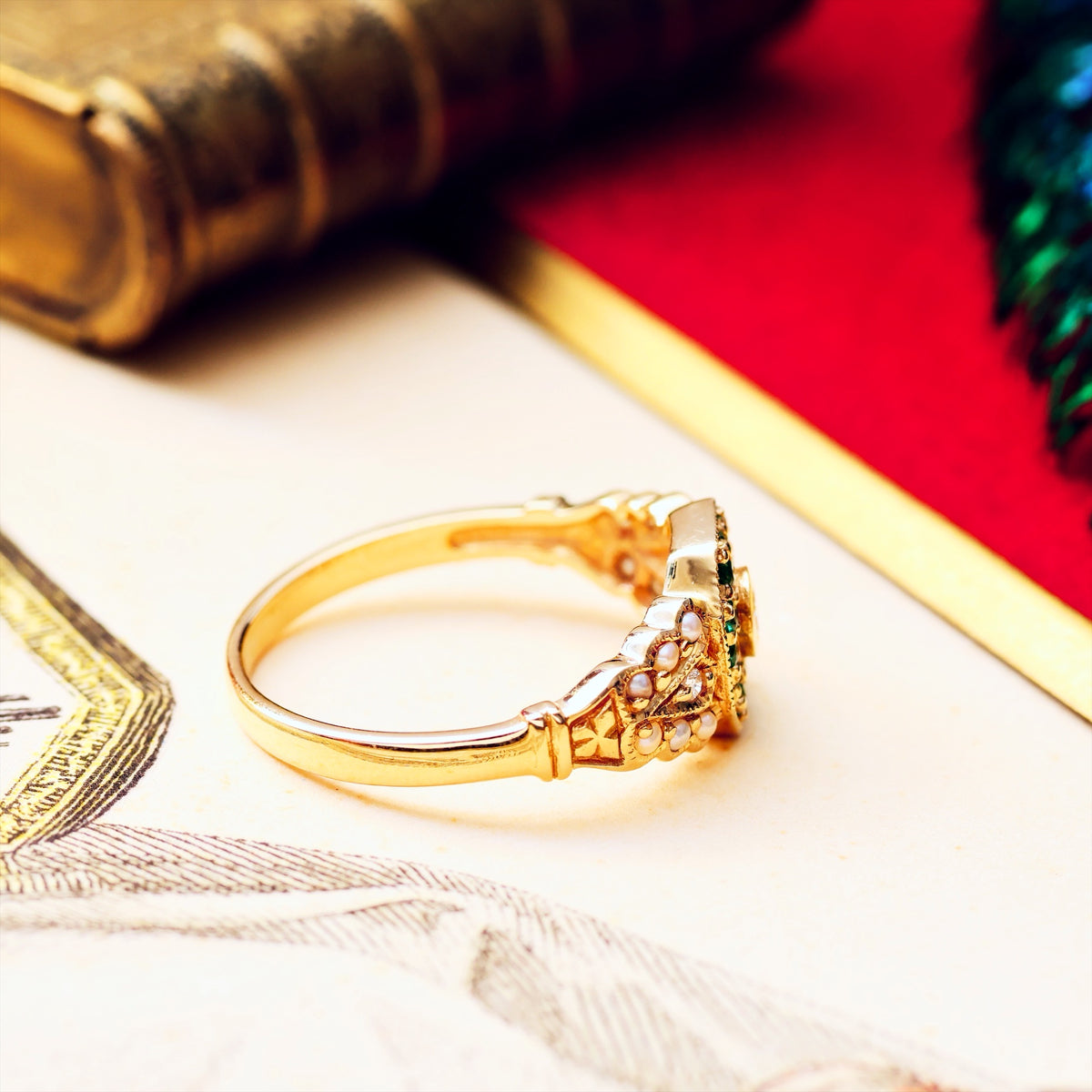 Charming Emerald, Diamond & Pearl Cluster Ring