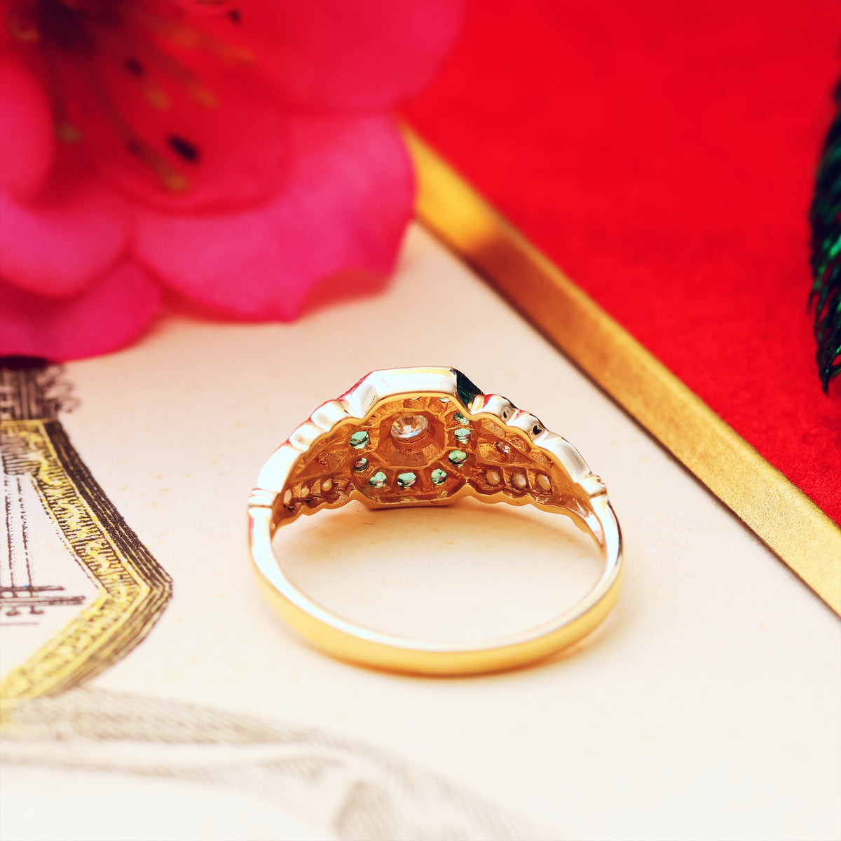 Charming Emerald, Diamond & Pearl Cluster Ring
