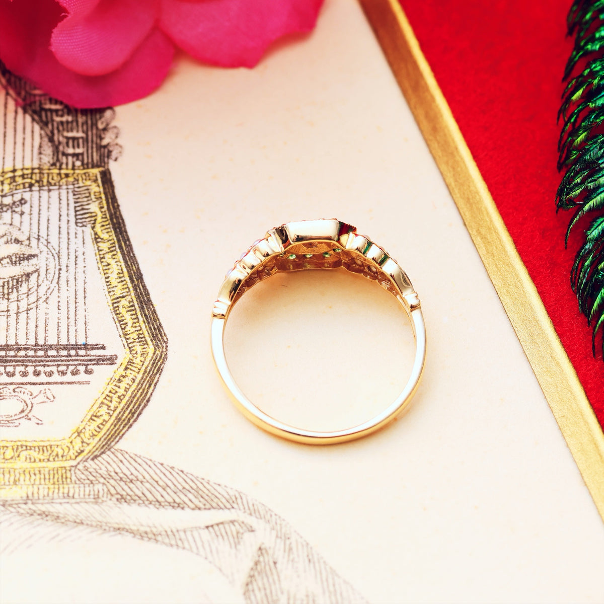 Charming Emerald, Diamond & Pearl Cluster Ring