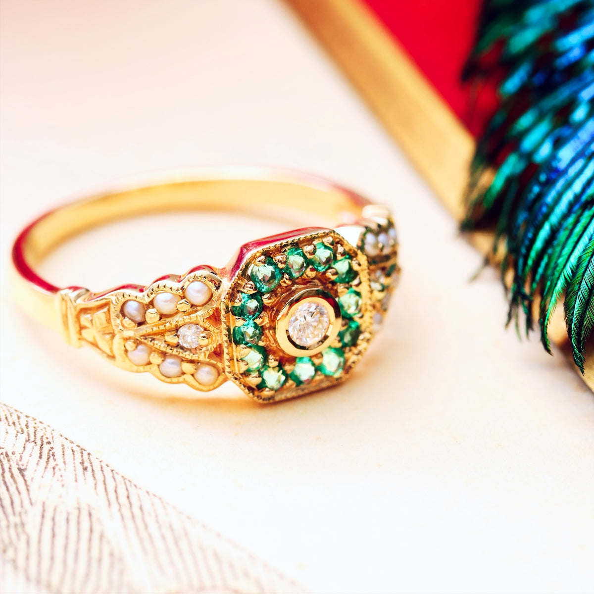 Vintage Style 9ct Gold Emerald, Diamond & Pearl Cluster Ring