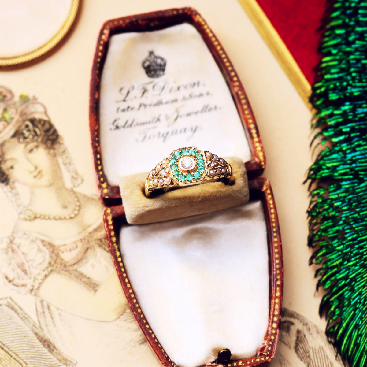 Charming Emerald, Diamond & Pearl Cluster Ring