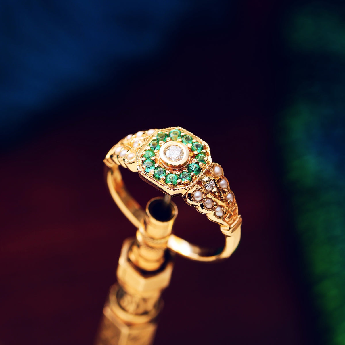 Charming Emerald, Diamond & Pearl Cluster Ring