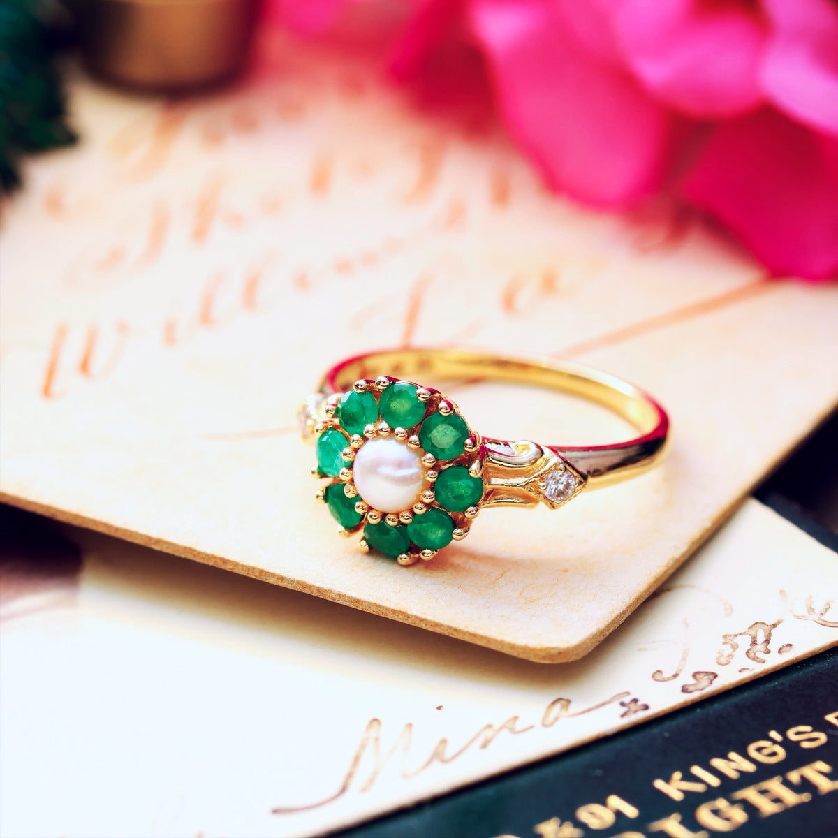 Vintage Emerald Pearl & Diamond Cluster Ring