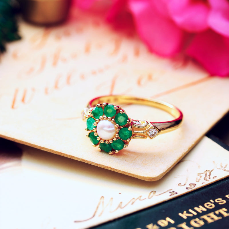 Vintage Emerald Pearl & Diamond Cluster Ring