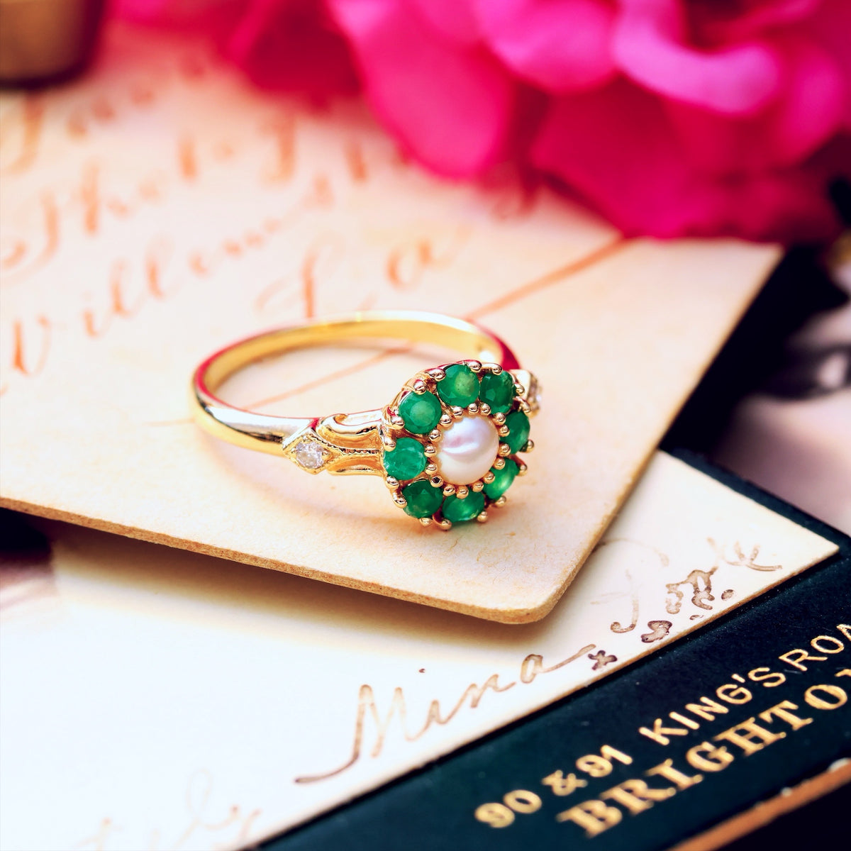 Cute Emerald Pearl & Diamond Cluster Ring