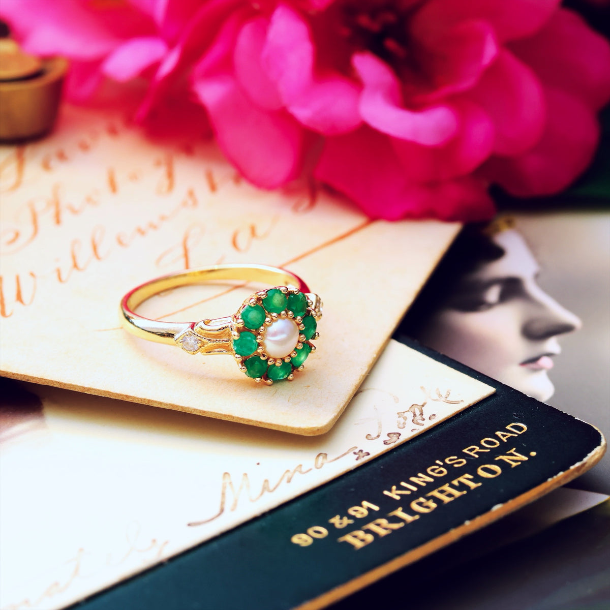 Cute Emerald Pearl & Diamond Cluster Ring