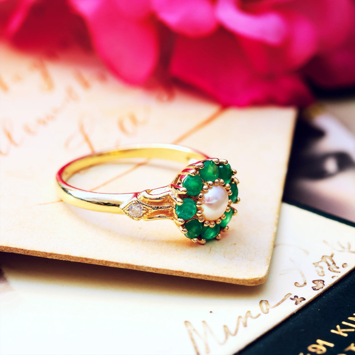 Cute Emerald Pearl & Diamond Cluster Ring