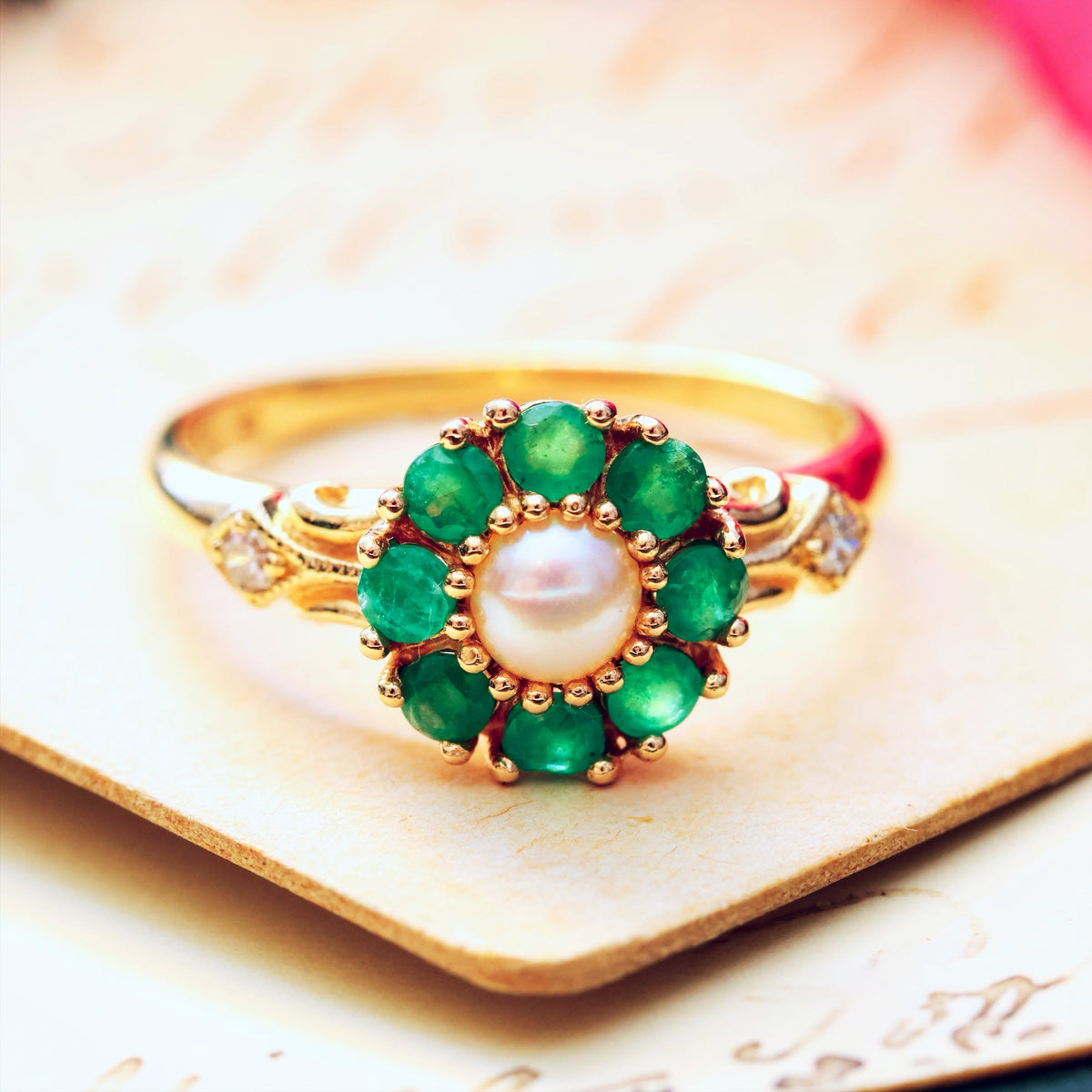Cute Emerald Pearl & Diamond Cluster Ring
