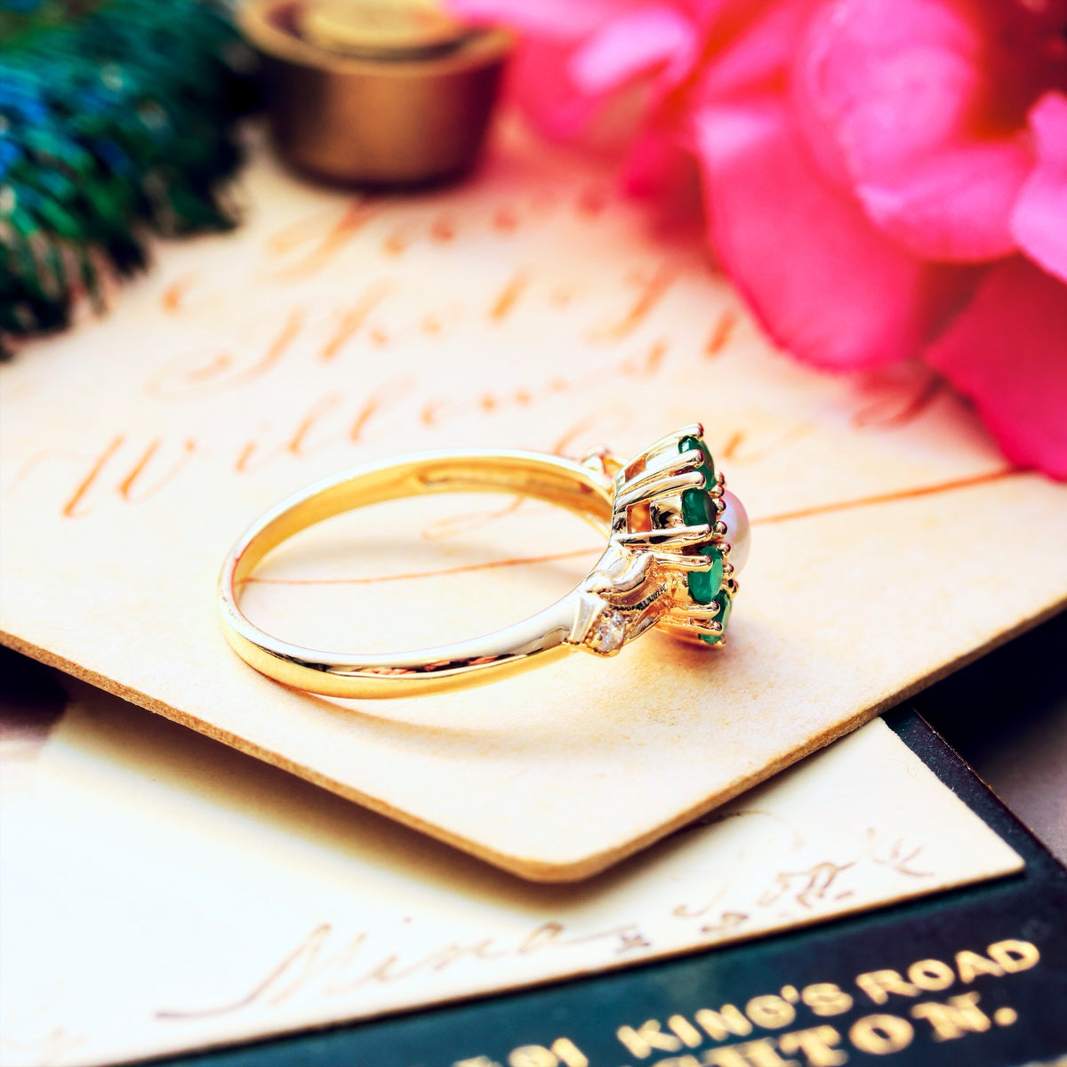 Cute Emerald Pearl & Diamond Cluster Ring