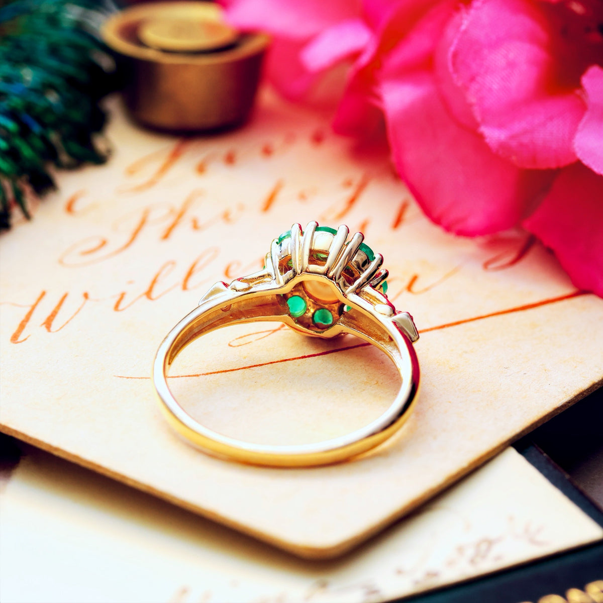 Cute Emerald Pearl & Diamond Cluster Ring