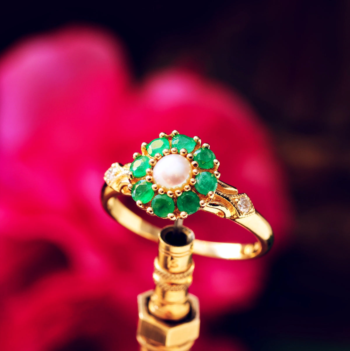 Cute Emerald Pearl & Diamond Cluster Ring