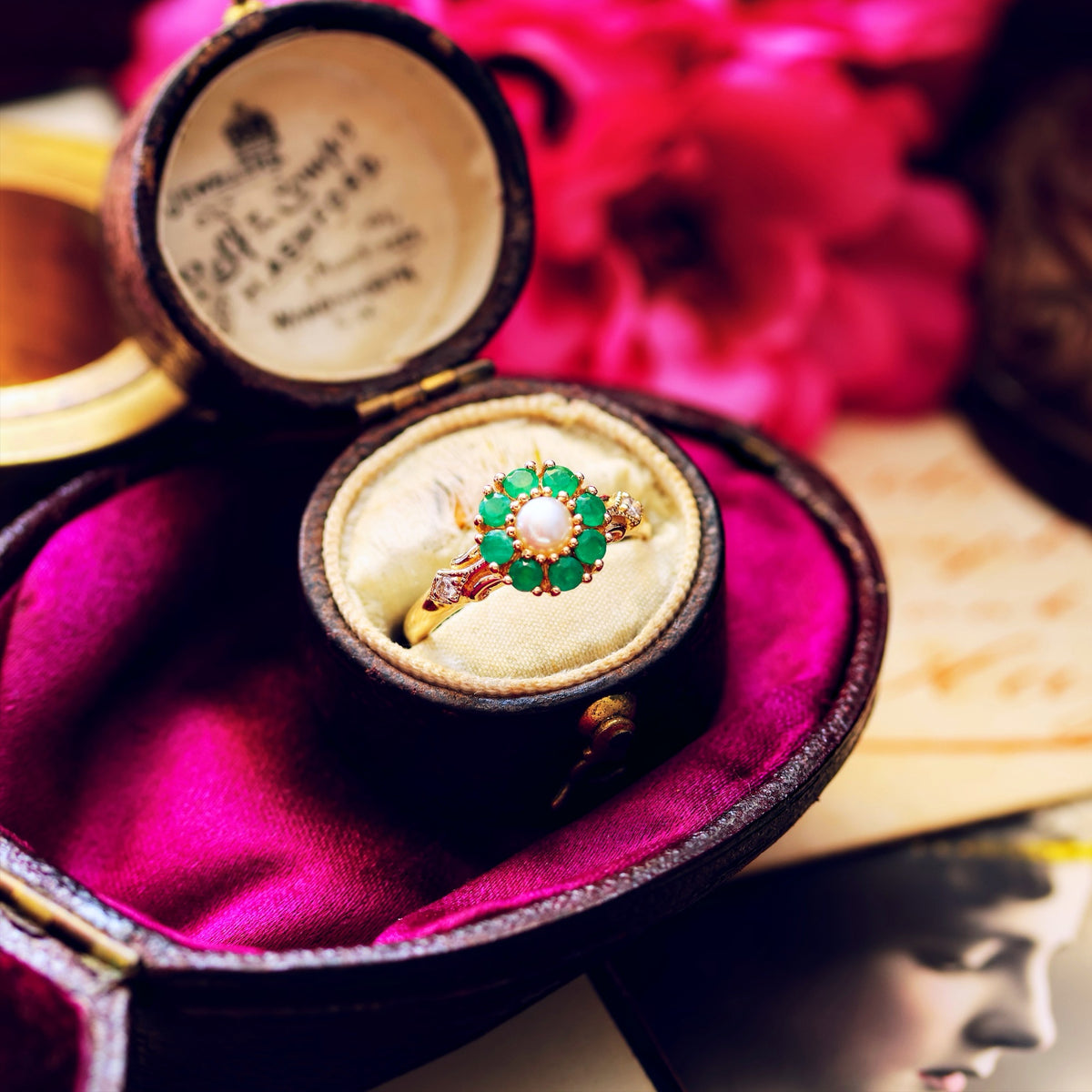 Cute Emerald Pearl & Diamond Cluster Ring