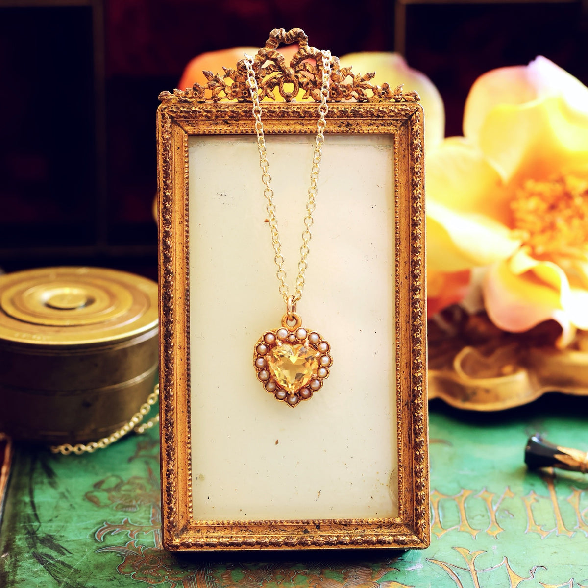 Antique 15ct Gold Citrine & Seed Pearl Heart Pendant