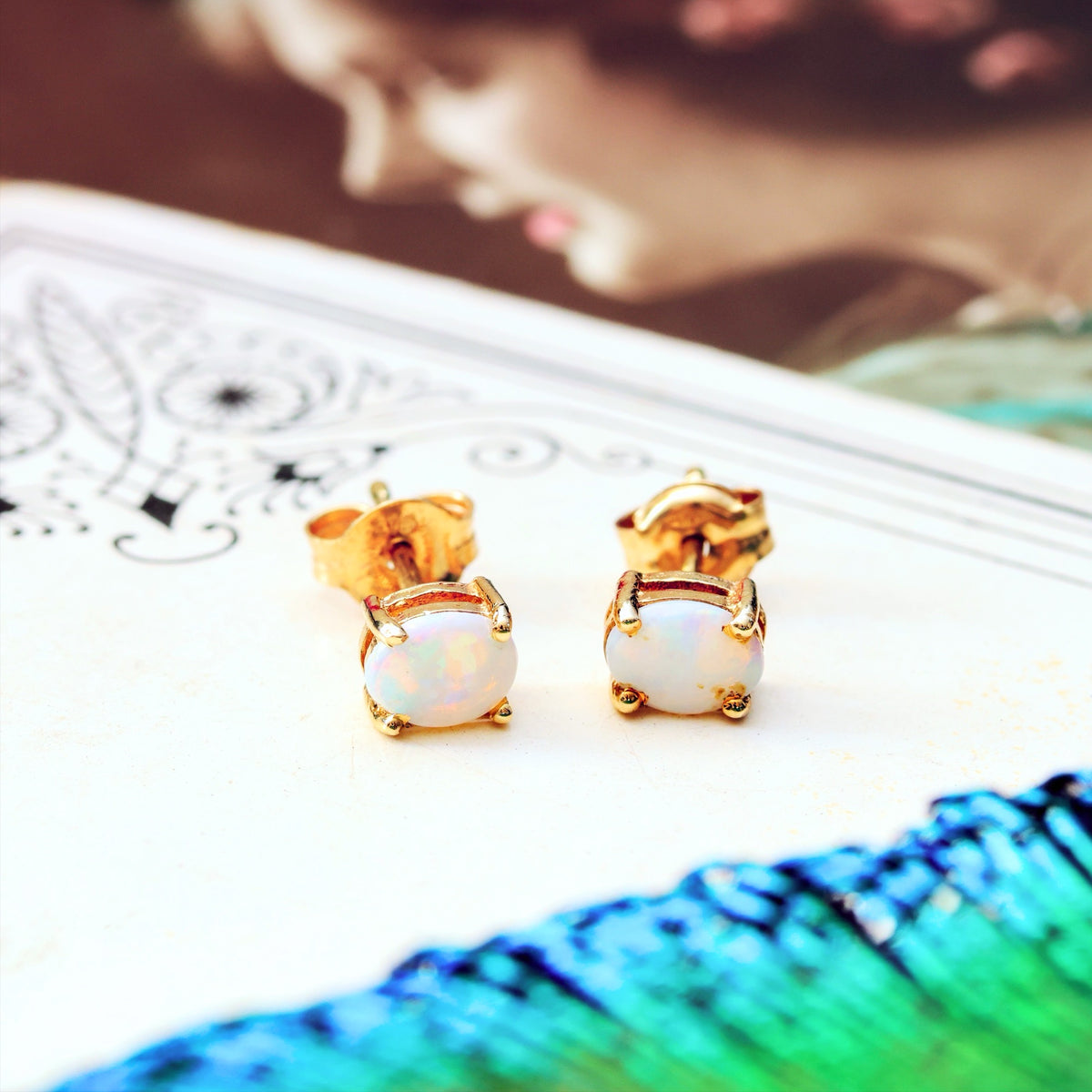 Pretty Little Crystal Opal & 9ct Gold Earrings