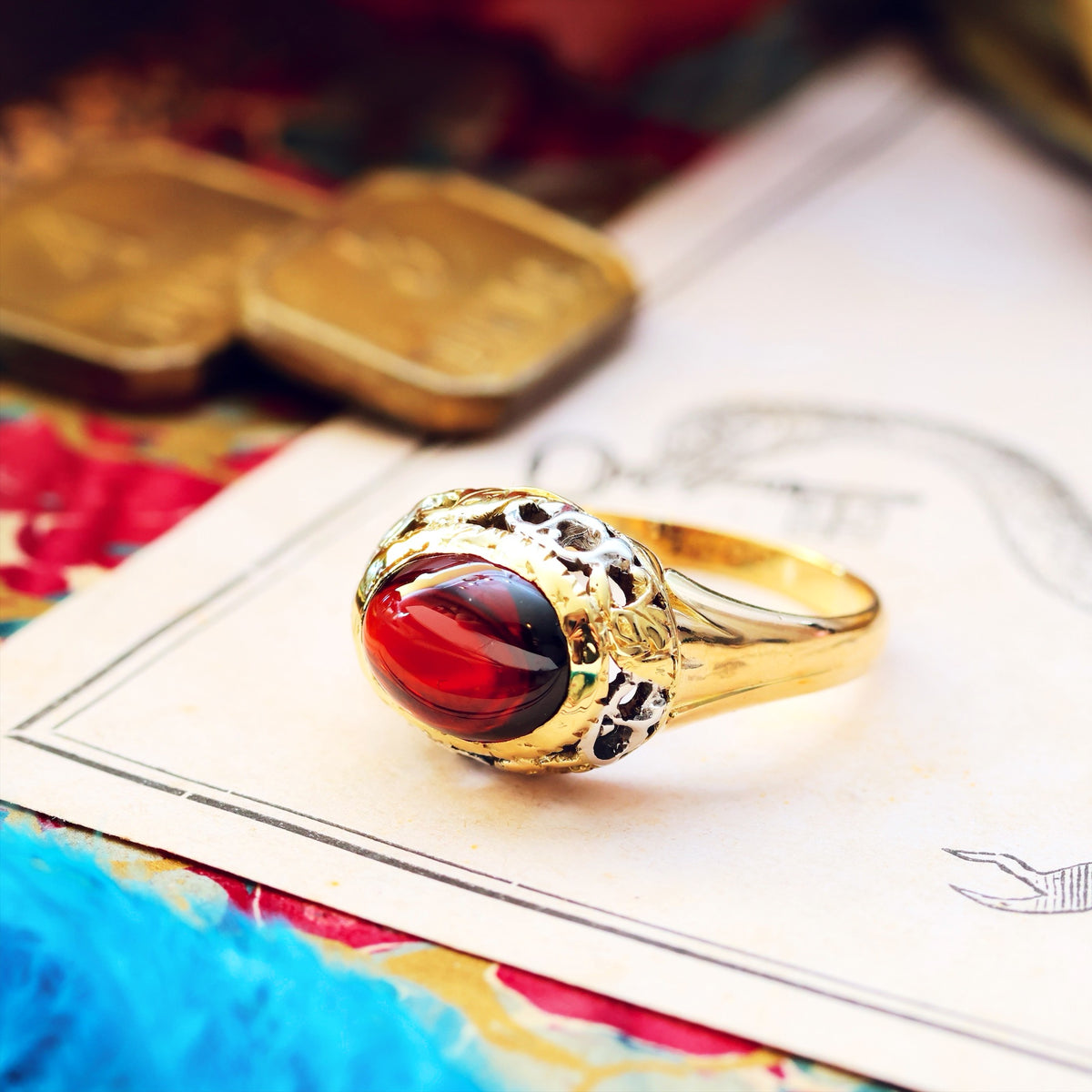 Antique Gothic Revival Cabochon Garnet Ring