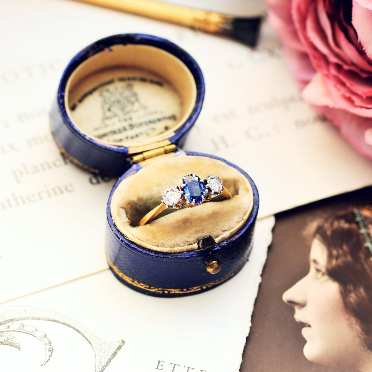 Darling One! Vintage Sapphire & Diamond Trilogy Engagement Ring