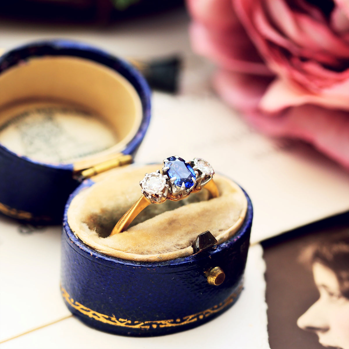Darling One! Vintage Sapphire & Diamond Trilogy Engagement Ring