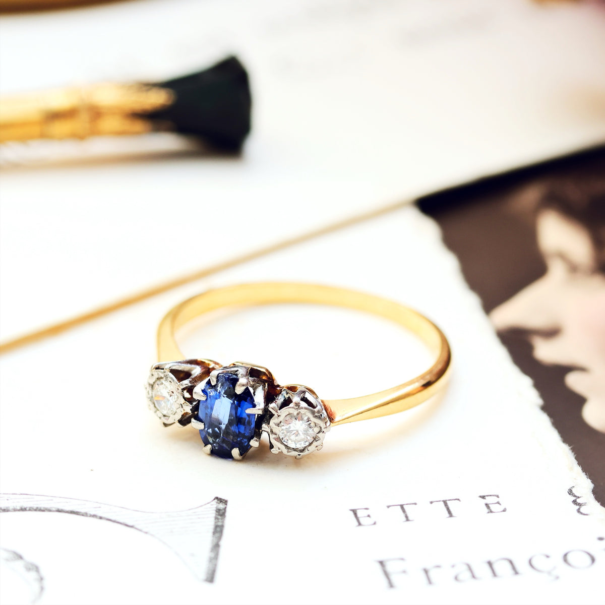 Vintage Sapphire & Diamond Trilogy Engagement Ring