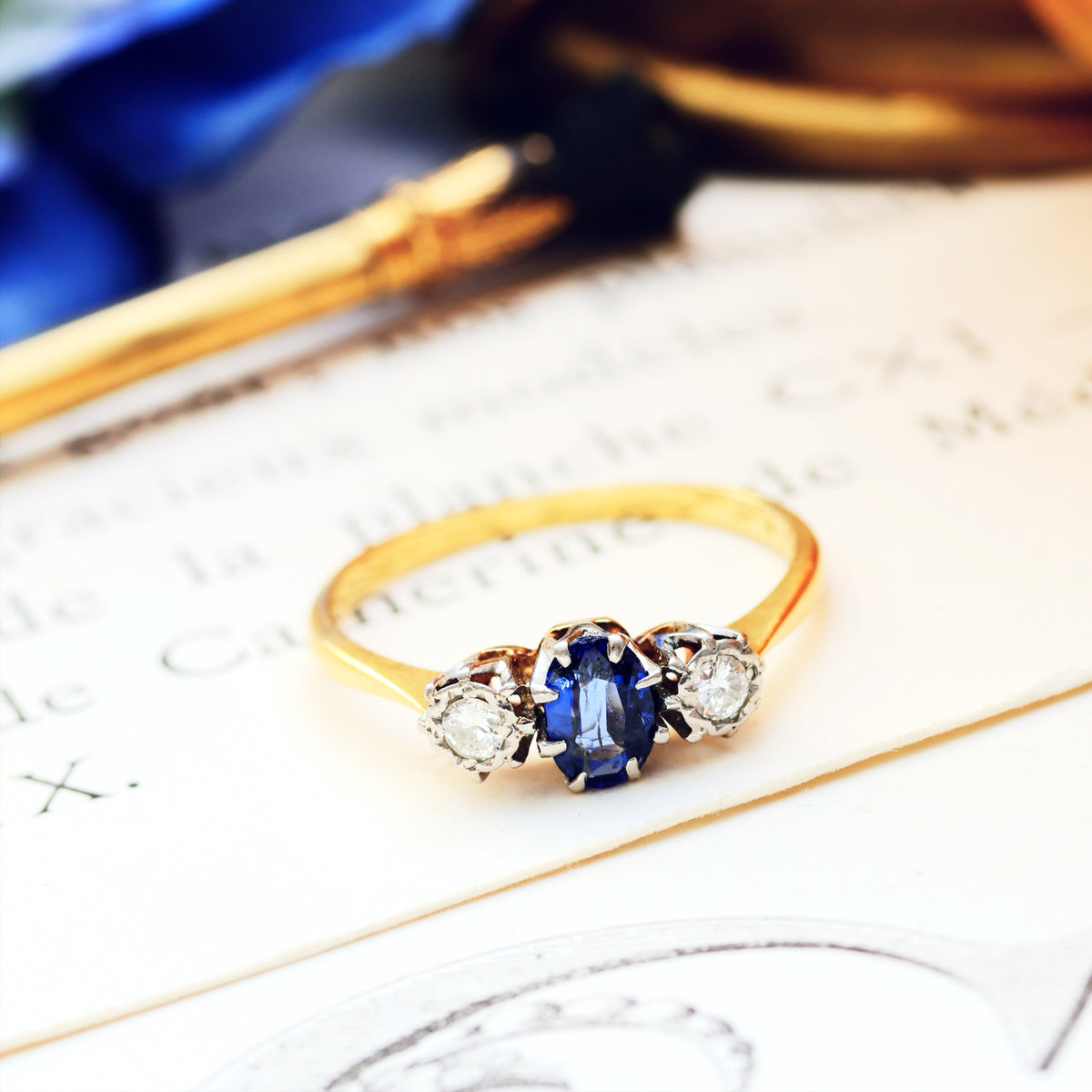 Darling One! Vintage Sapphire & Diamond Trilogy Engagement Ring