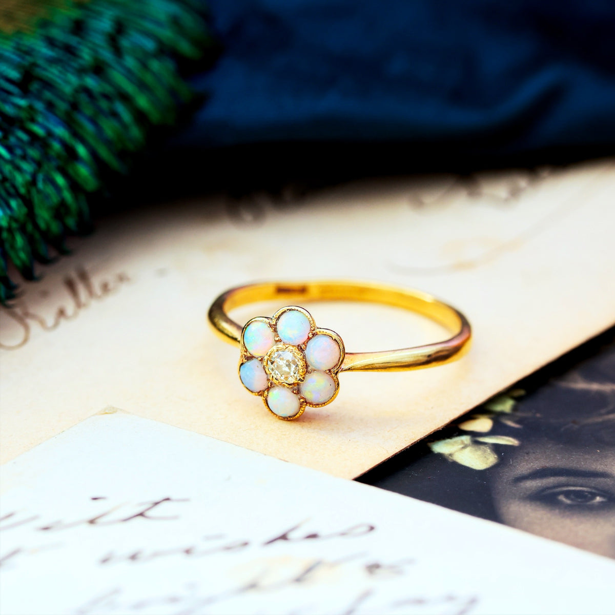 Antique Opal & Diamond Daisy Ring