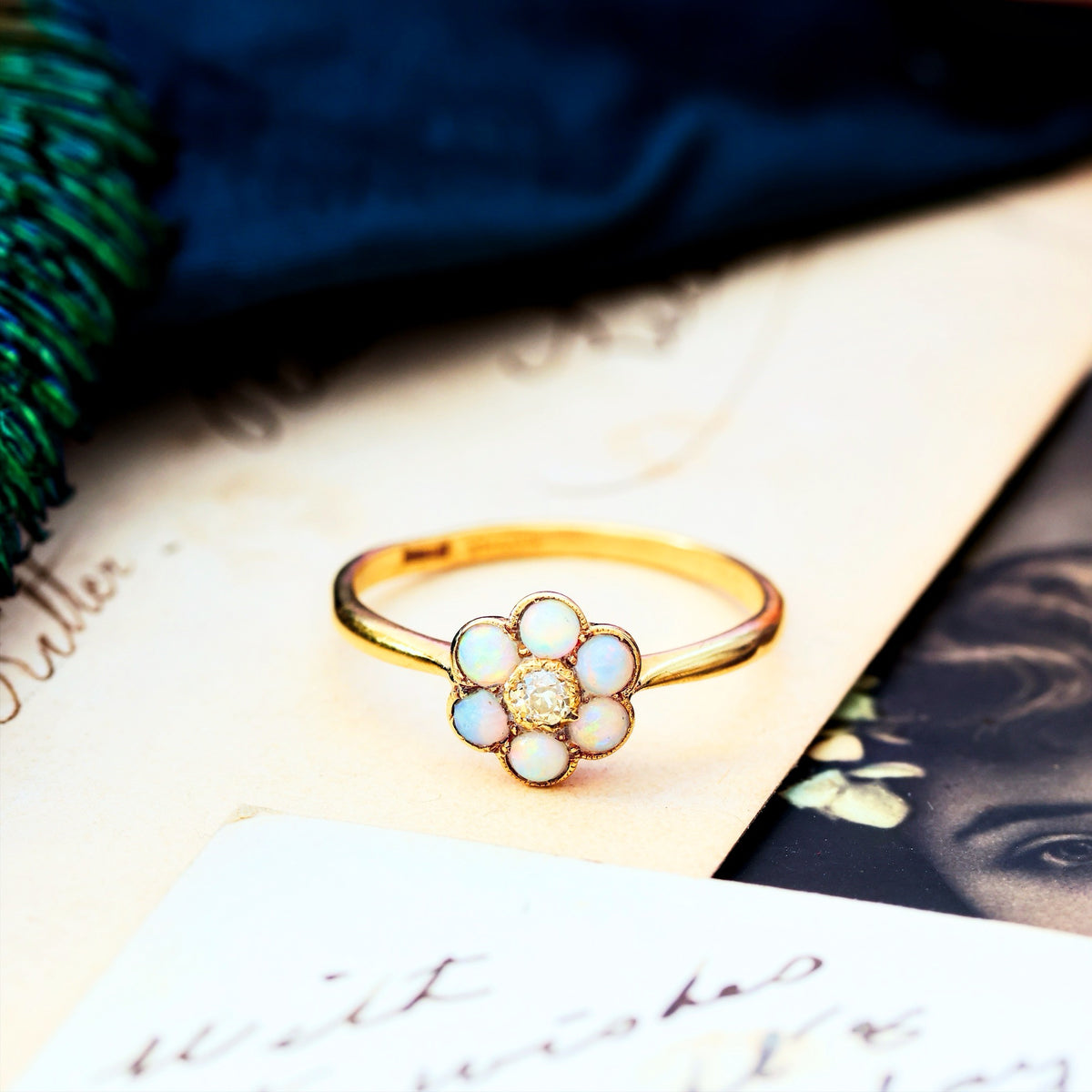 Vintage Romance! Crystal Opal & Diamond Daisy Ring