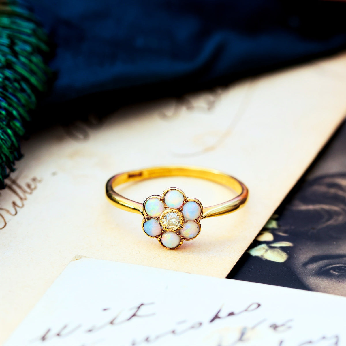 Vintage Romance! Crystal Opal & Diamond Daisy Ring