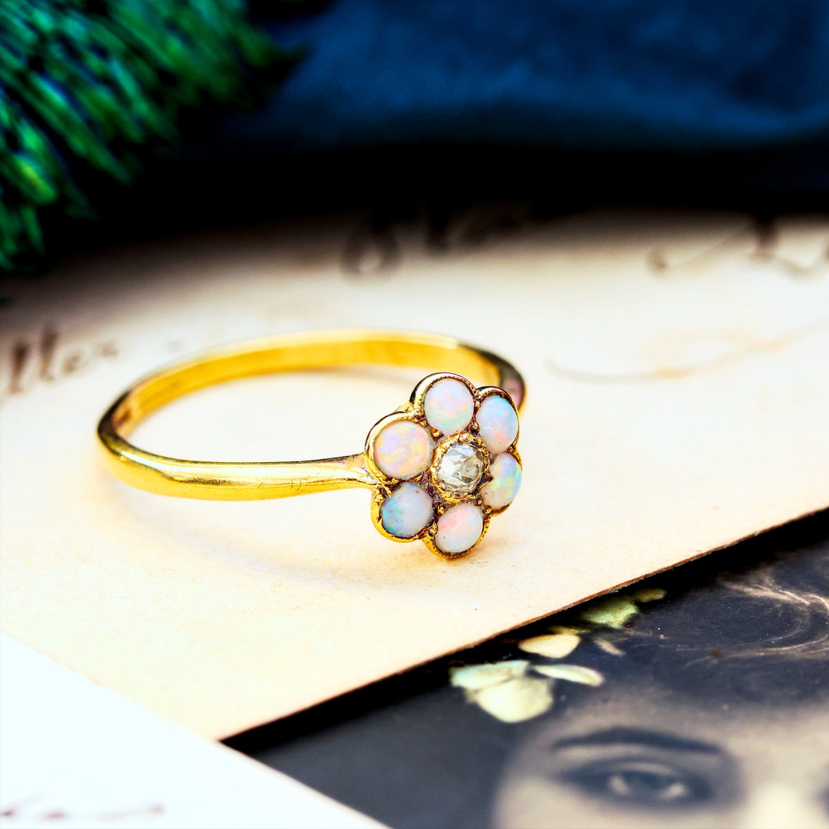 Vintage Romance! Crystal Opal & Diamond Daisy Ring