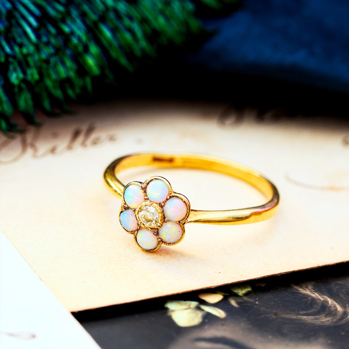 Vintage Romance! Crystal Opal & Diamond Daisy Ring