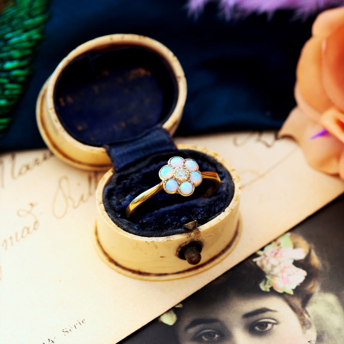 Vintage Romance! Crystal Opal & Diamond Daisy Ring
