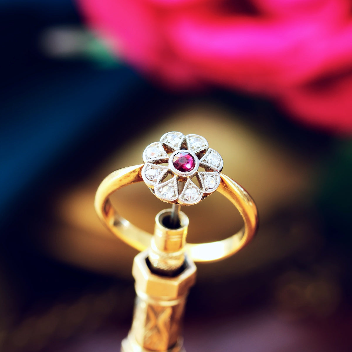 Vintage Ruby & Diamond Floral Engagement Ring