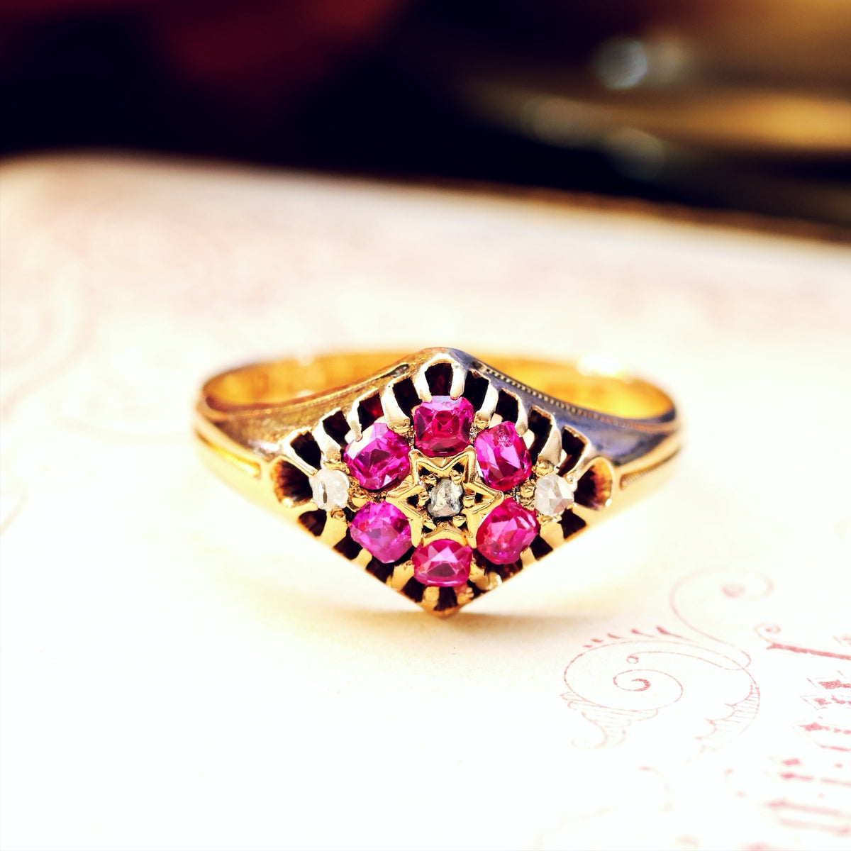 Victorian Date 1876 Pink Ruby & Diamond Dress Ring