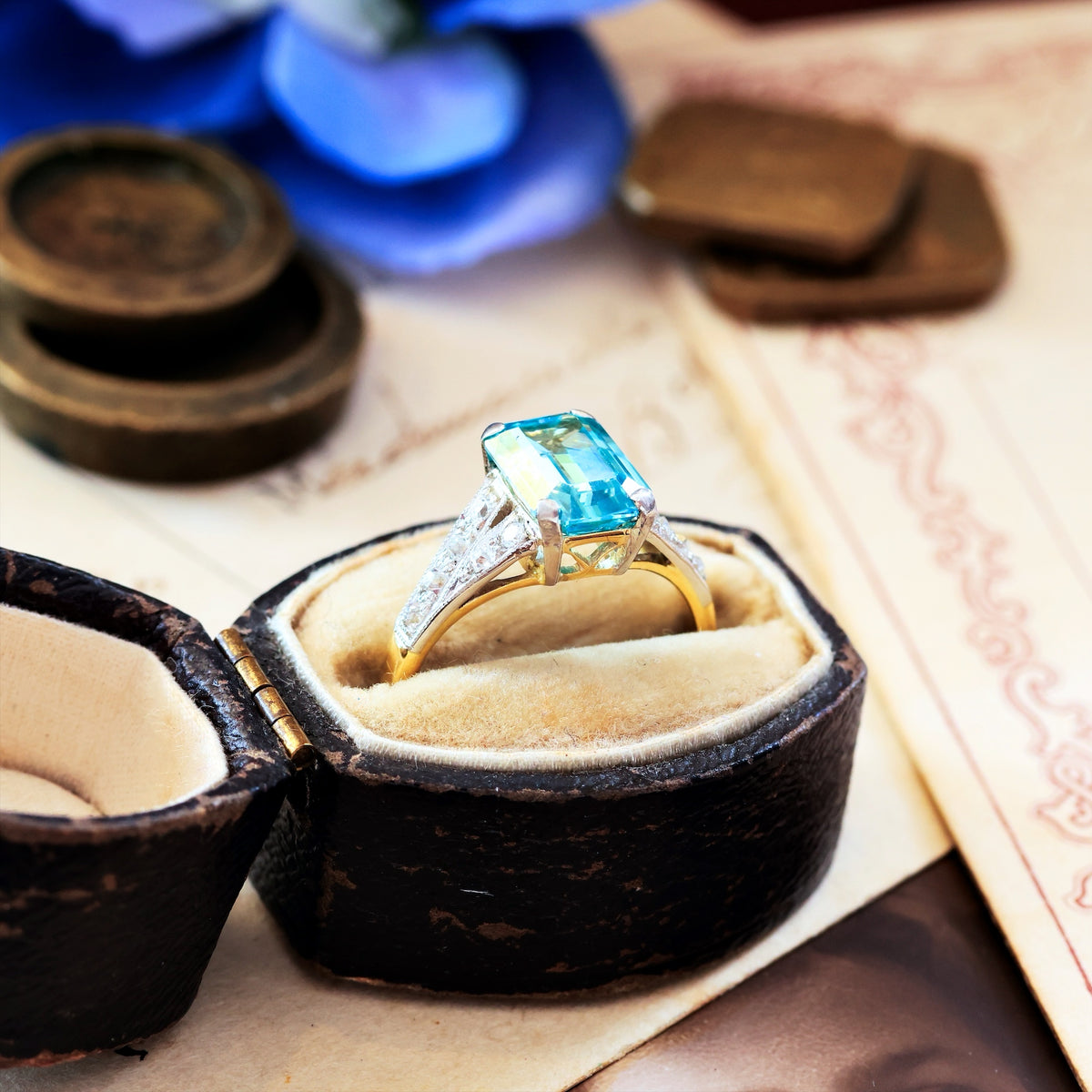 Vintage Art Deco Starlight Blue Zircon Ring