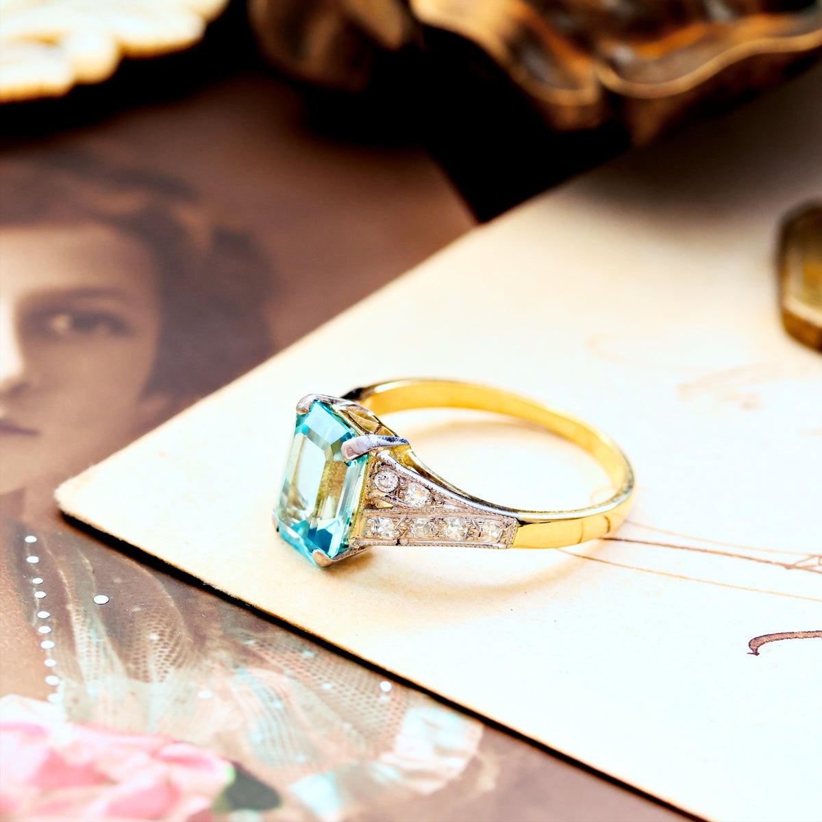 Vintage Art Deco Starlight Blue Zircon Ring