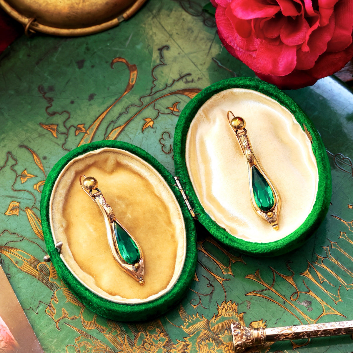 Verdant Emerald Green Paste Victorian Earrings